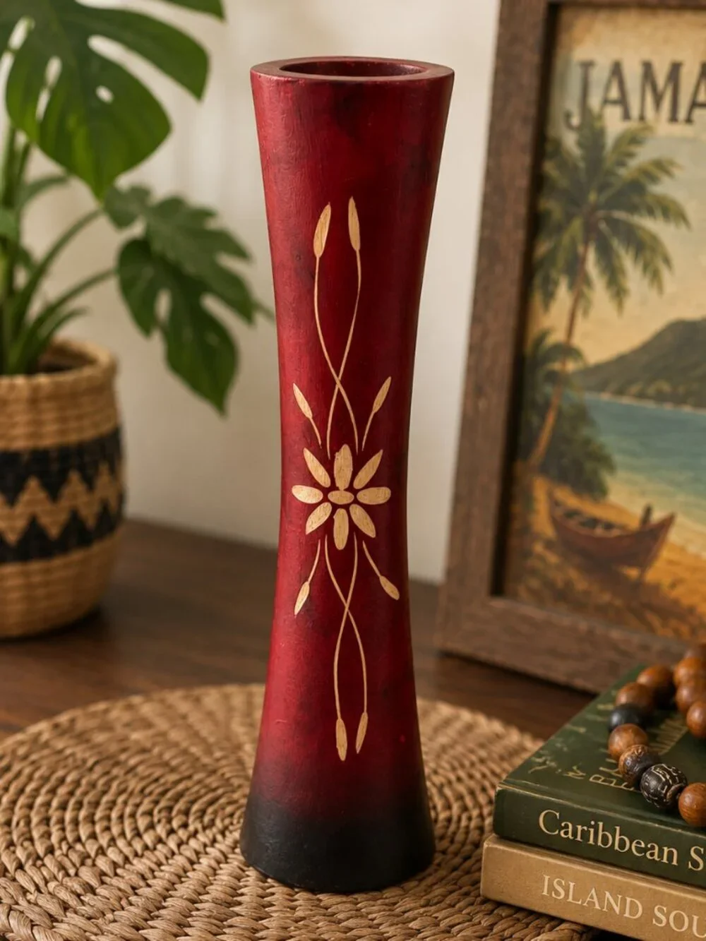 Vintage Jamaican Hand Carved Wood Vase Red Floral Folk Art Souvenir 12”